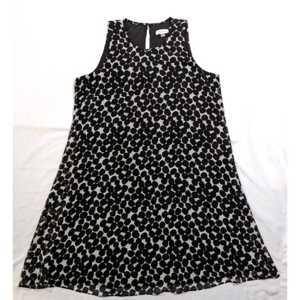 Calvin Klein Shift Dress Women 14 Chiffon Black/Wh Mixed Dot Sheer Flowy Lined‎